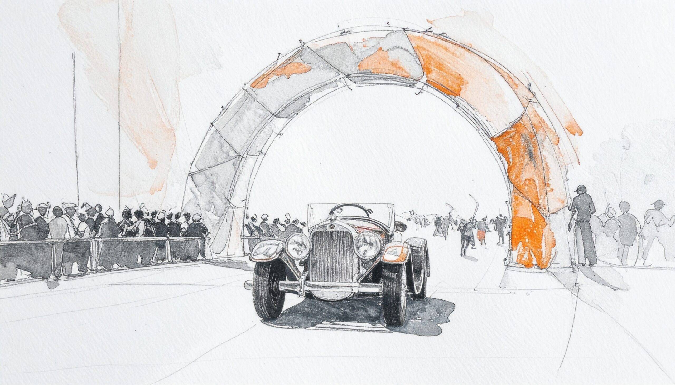 Firefly_finish line, decorative arch, oldtimer race, audience on the side, good mood, orange 476111