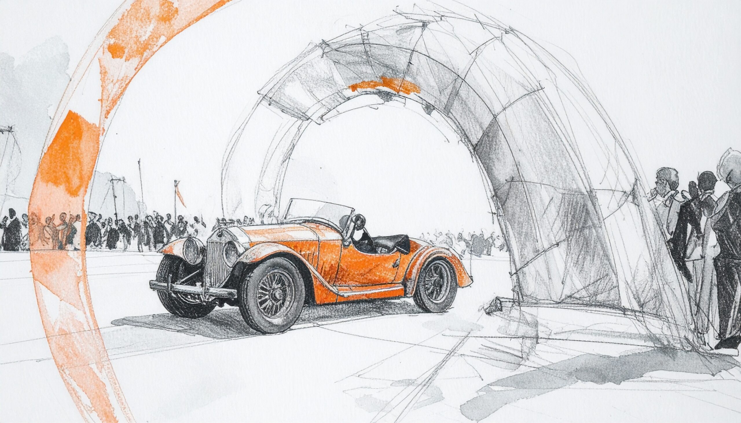 Firefly_finish line, decorative arch, oldtimer race, audience on the side, good mood, orange 647291